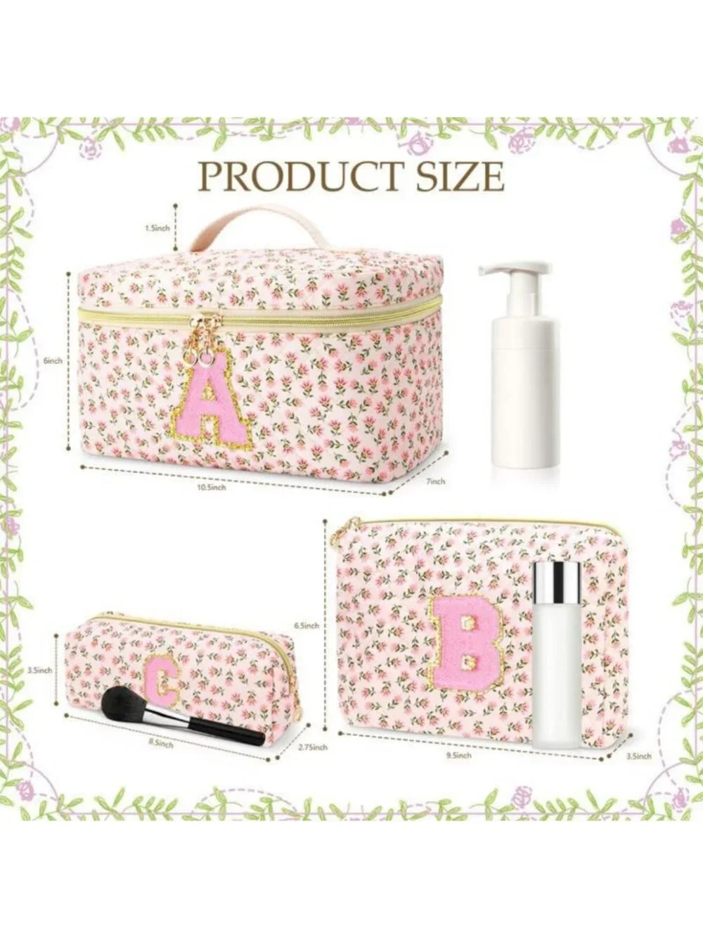 3 PCS Personalized Travel Makeup Bag Set - Quilted Cosmetic Organizer & Toiletry